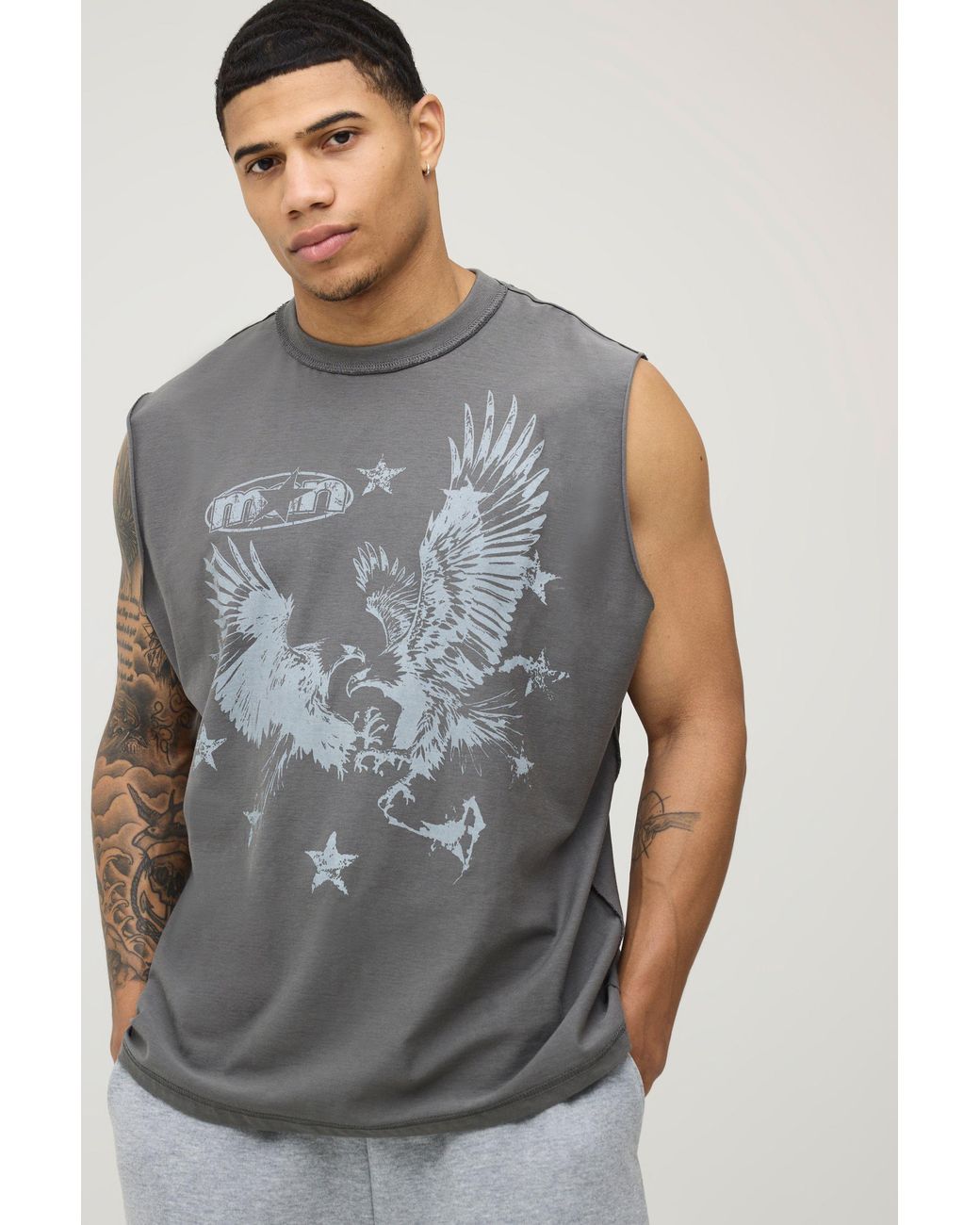 BoohooMAN Gray Oversized Boxy Exposed Seam Eagle Print Tank Cotton for men