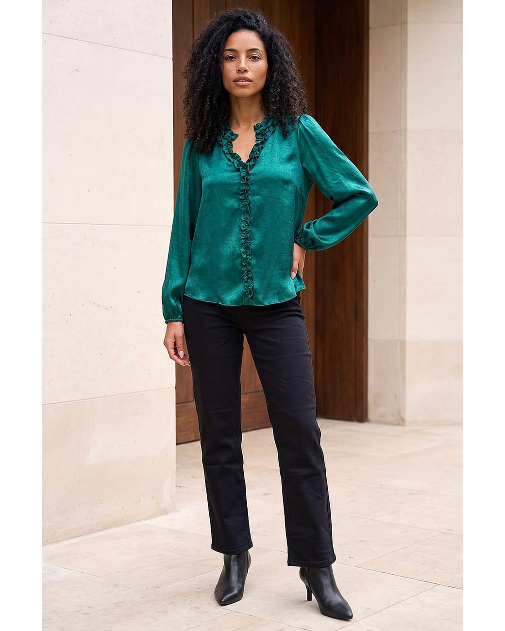 Roman Green Crinkle Satin Frill V-Neck Top