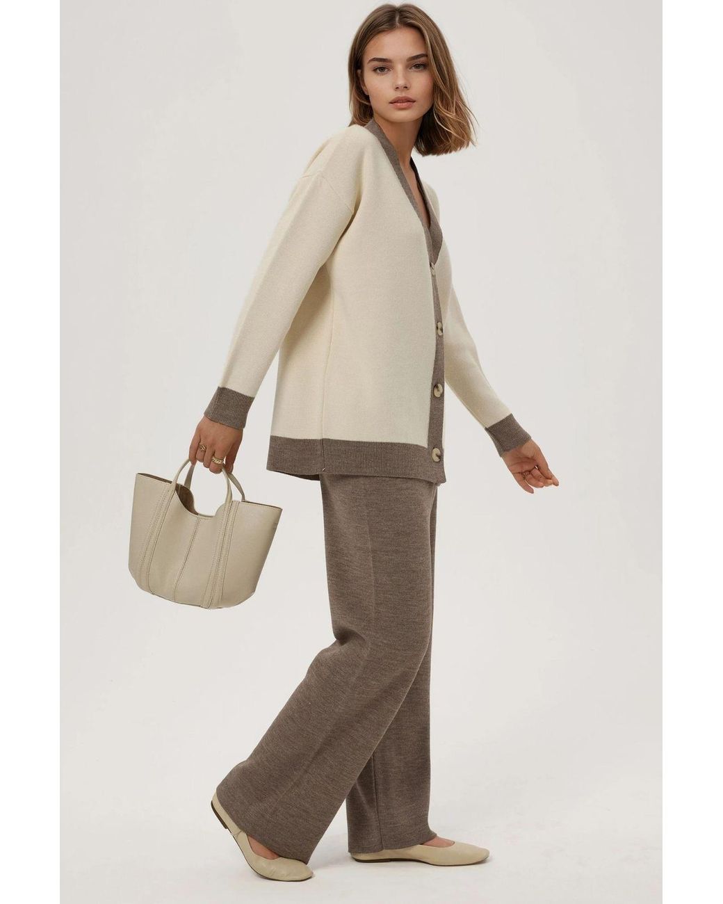 Hiccup Natural Buttoned Cardigan & Textured High Waist Knit Pants Co-Ord Set