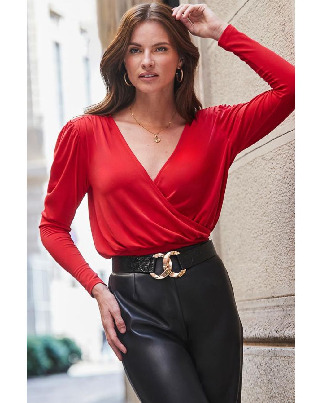 Sosandar Red Bright Faux Wrap Premium Top