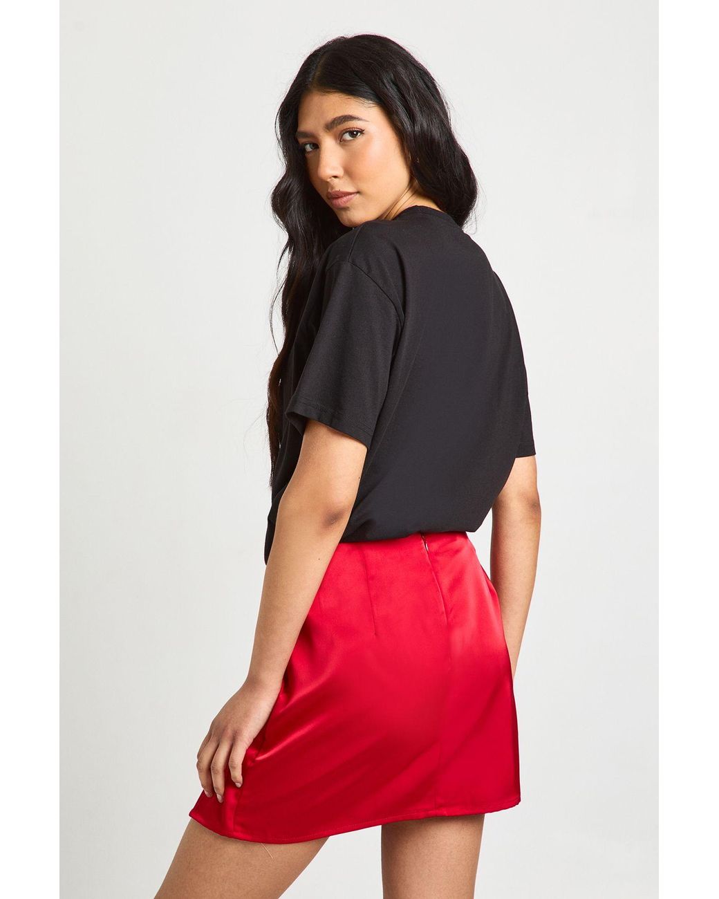 Boohoo Red Tall Lace Insert Satin Mini Skirt