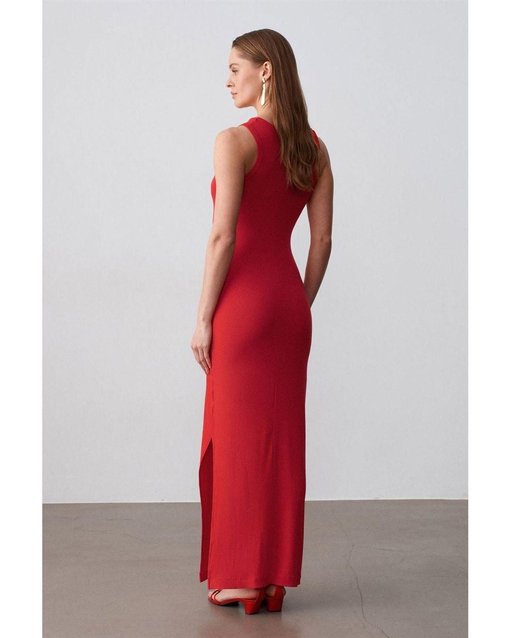 Dilvin Red Ribbed Sleeveless Bodycon Maxi Dress