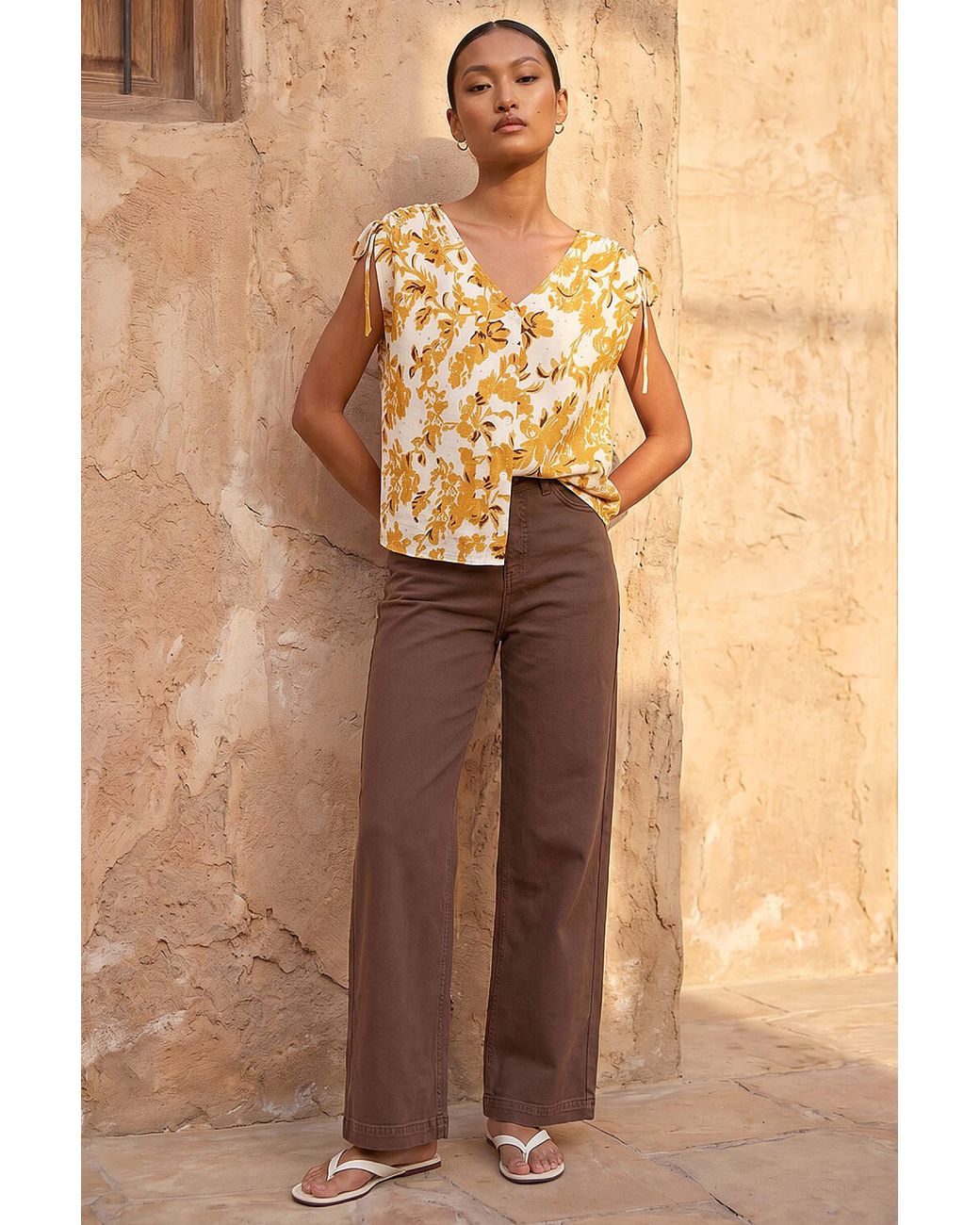Roman Natural Floral Hotfix Tie Blouse