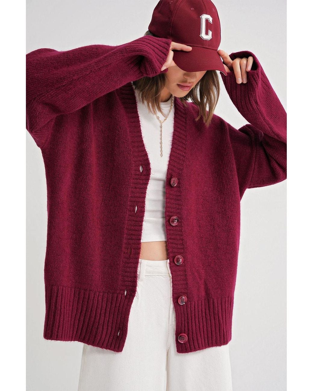 MixRay Red Buttoned V-Neck Ribbed Knit Cardigan