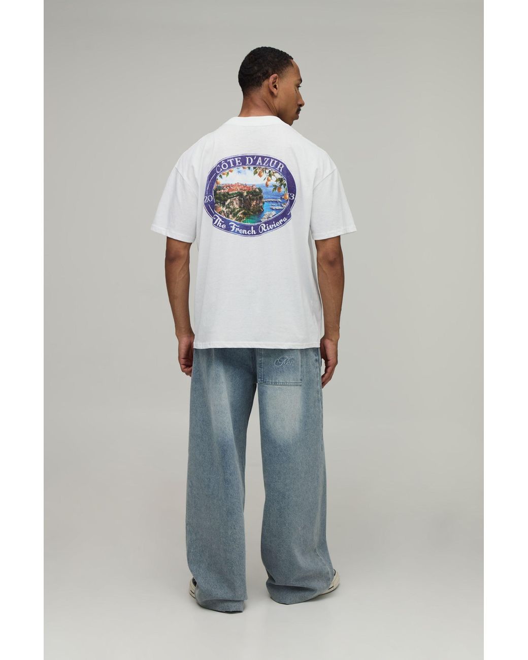BoohooMAN Gray Oversized French Riviera Oval Print T-Shirt for men