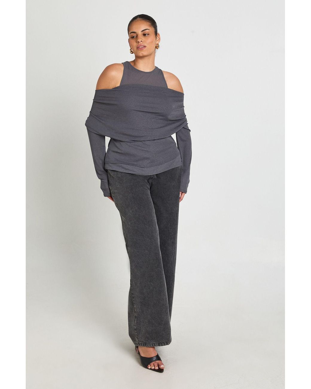Boohoo Blue Plus 2-1 Layered Asymmetric Long Sleeve Top
