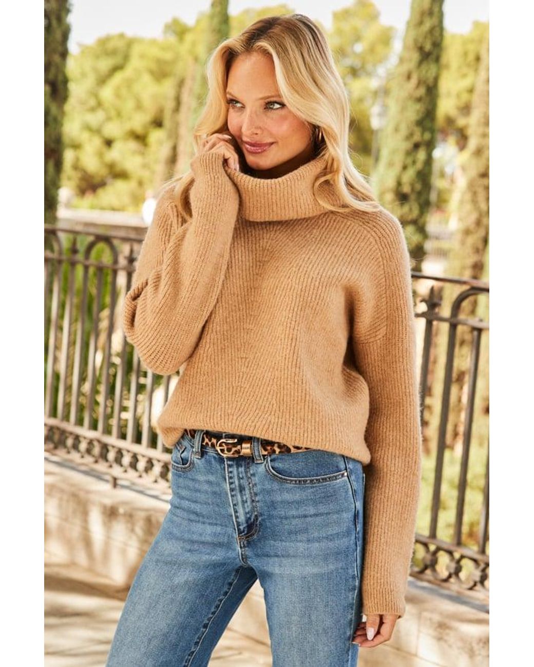 Sosandar Blue Camel Roll Neck Super Soft Knitted Jumper