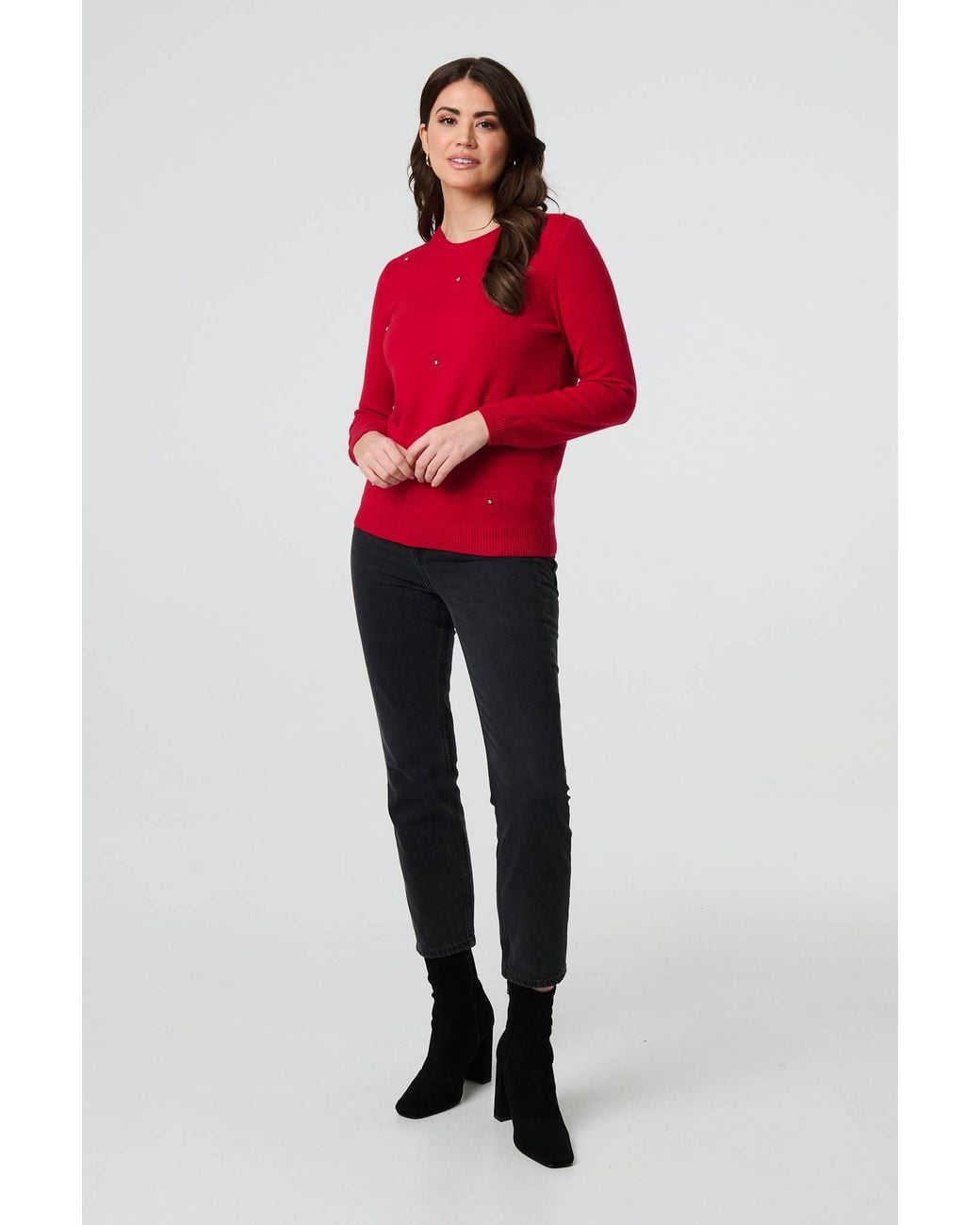 Izabel London Red Floral Gemstone Embellished Jumper