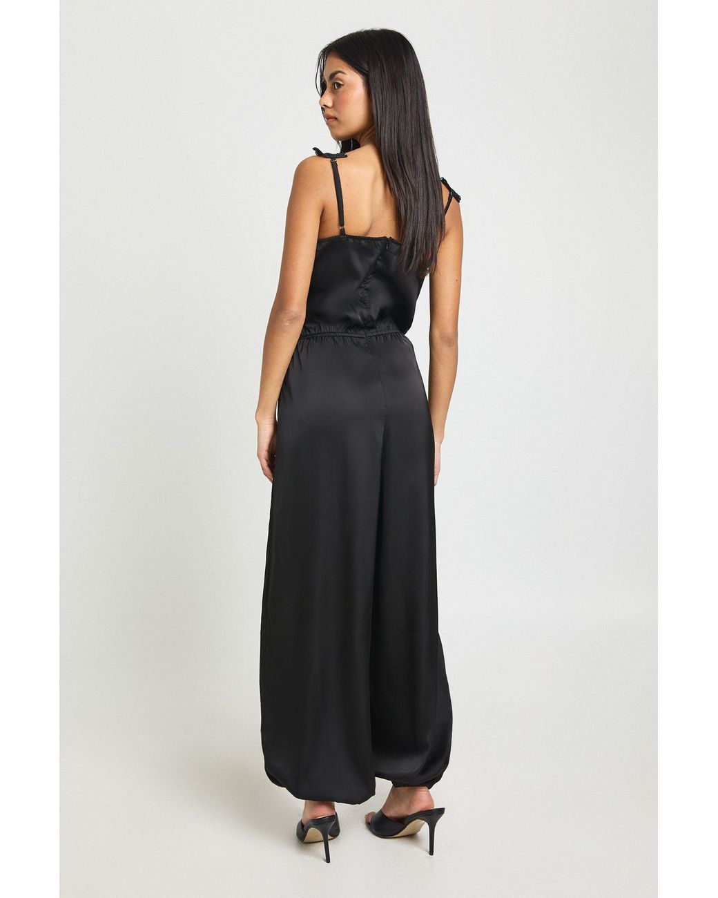 Boohoo Black Satin Lace Trim Hareem Trouser Jumpsuit