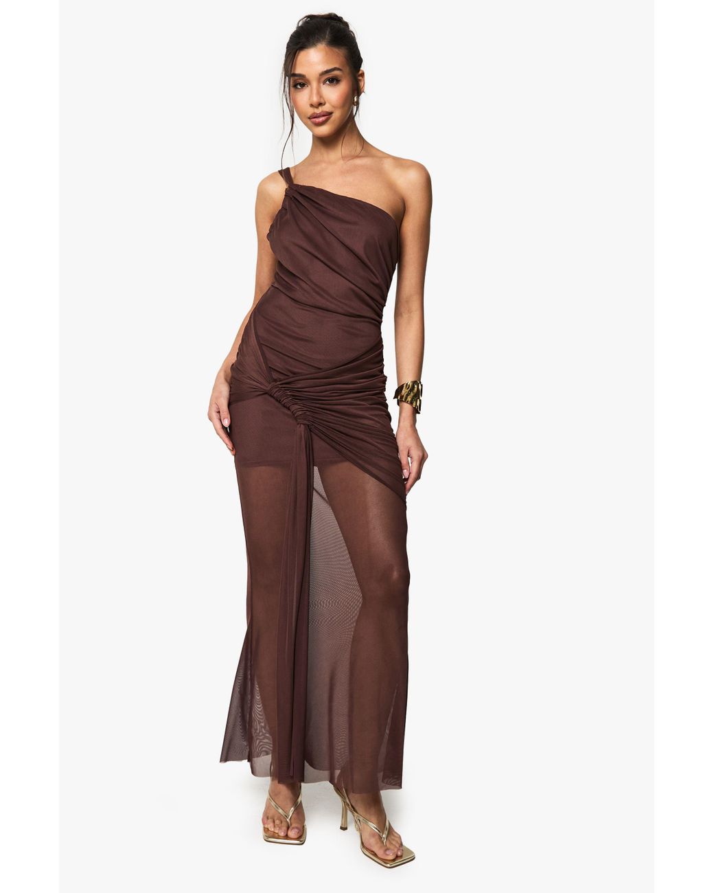 Boohoo Mesh One Shoulder Ruched Maxi Dress in Brown