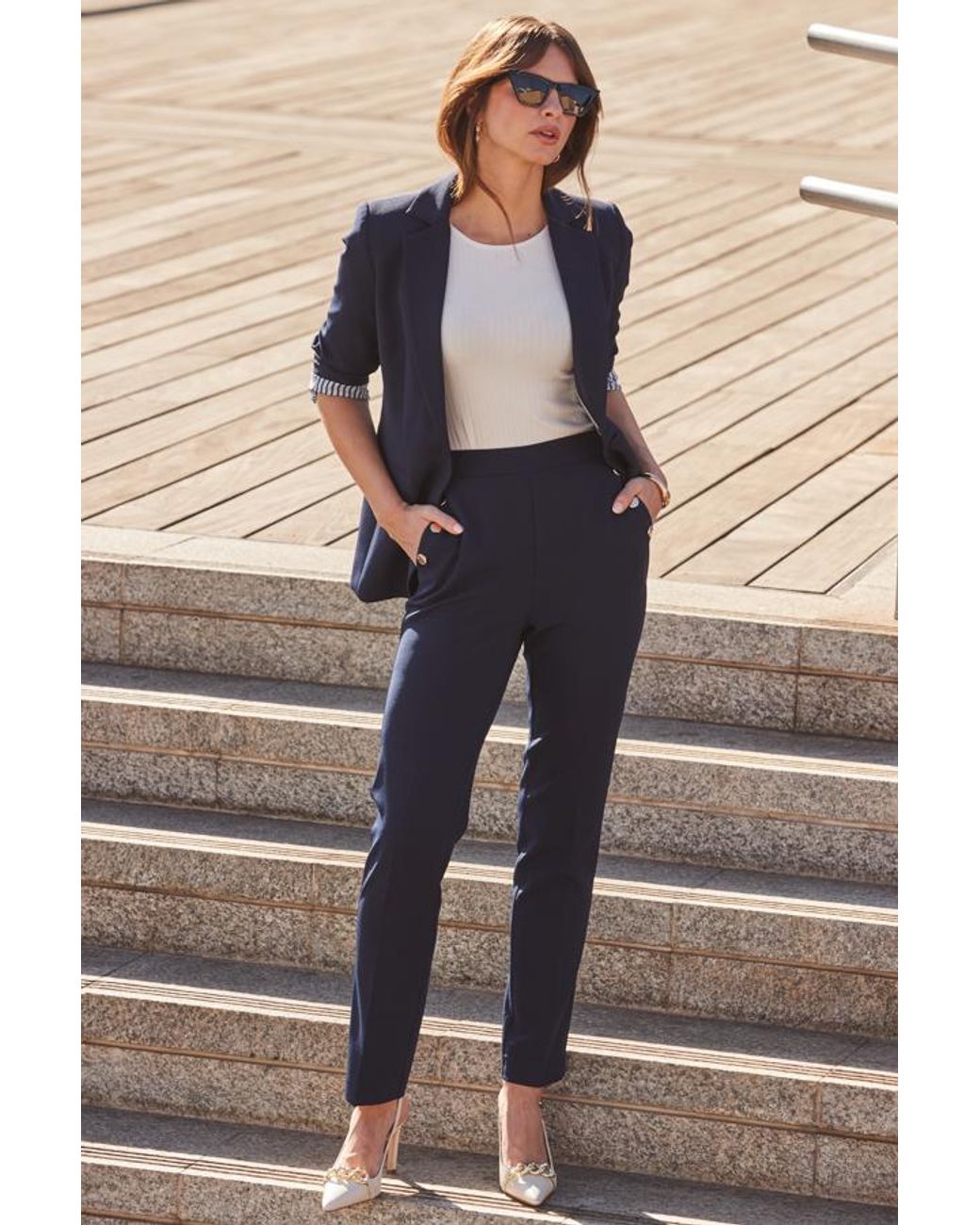 Sosandar Black Side Button Tapered Leg Trousers