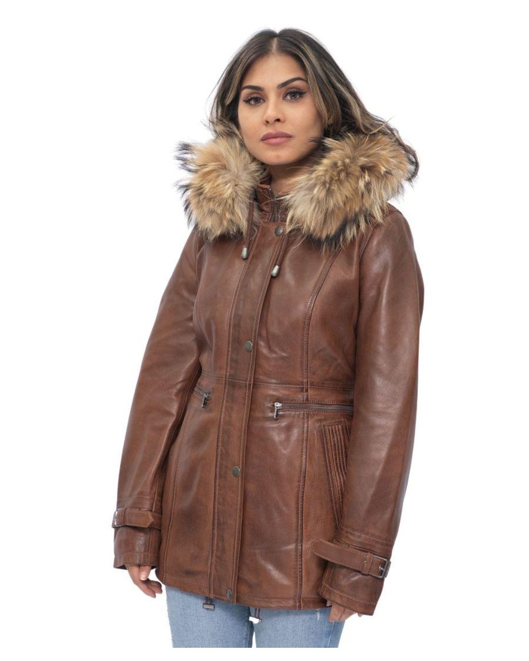 Infinity Leather Brown Hooded Parka Jacket-Putian