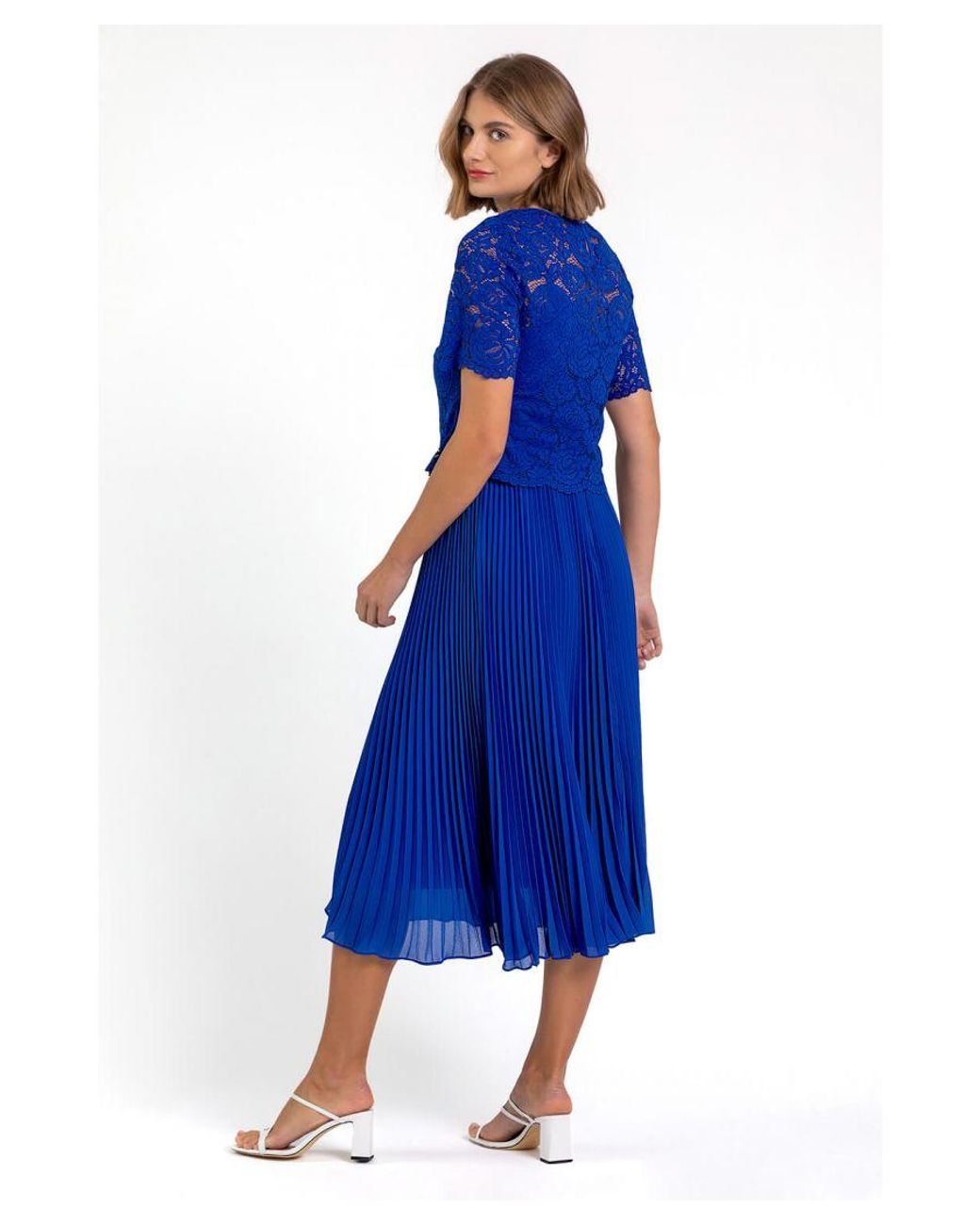 Roman Lace Top Overlay Pleated Midi Dress in Blue Lyst UK