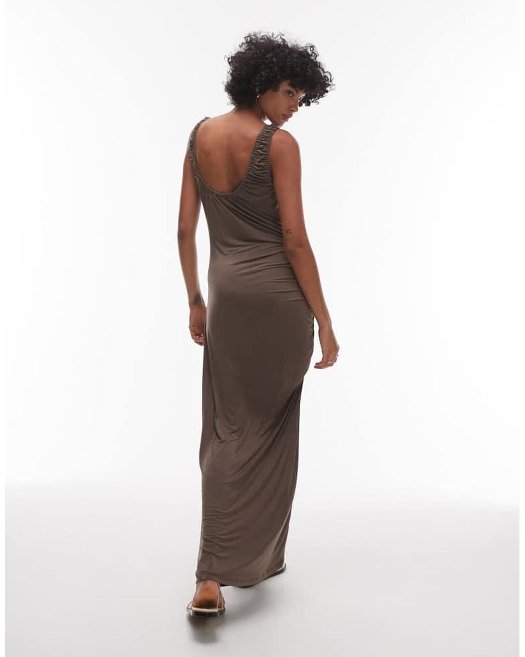TOPSHOP Brown Slinky Scoop Neck Maxi Dress