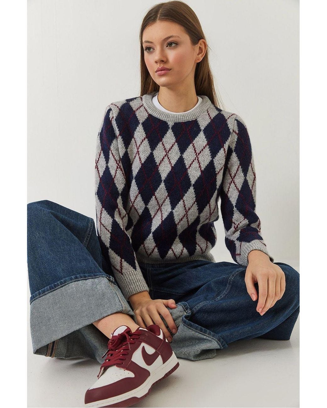 Bianco Lucci Blue Baklava Pattern Crew Neck Knitted Sweater