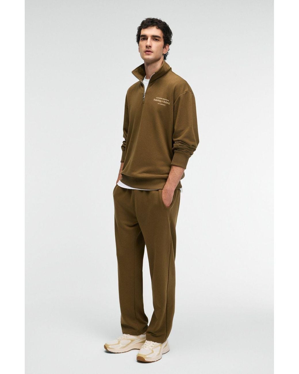 Grimelange Natural Text Print Half Zip Sweatshirt for men