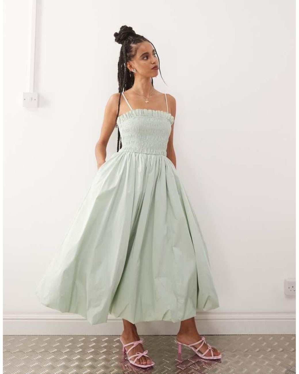 Amy Lynn Green Polly Shirred Midi Dress