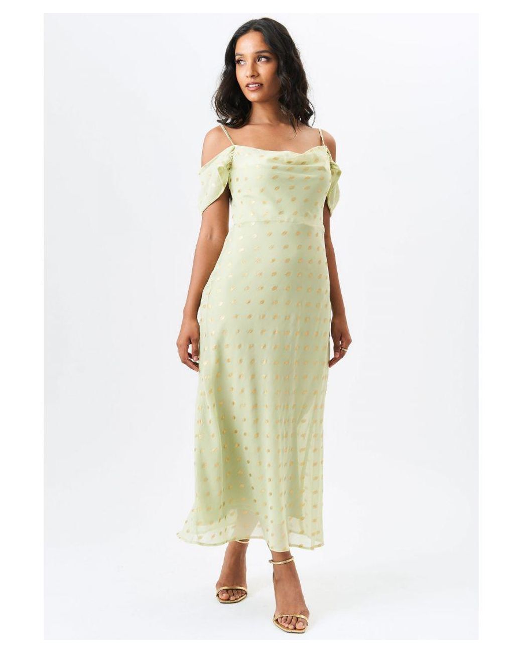 Gini London Green Cowl Neck Drop Sleeves Foil Maxi Dress
