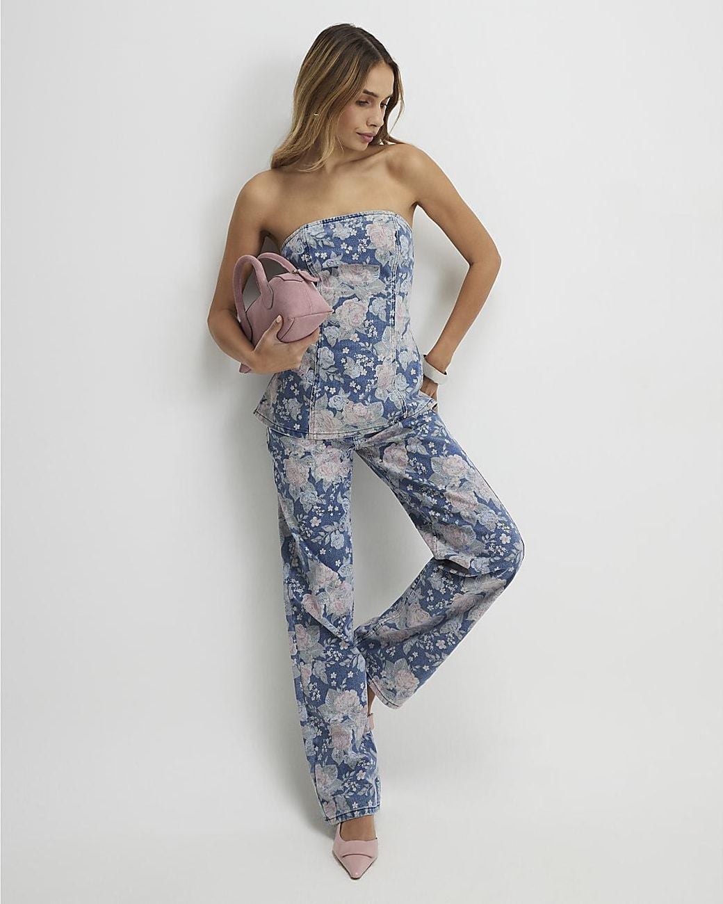 River Island Blue Straight Jeans Floral Relaxed Cotton