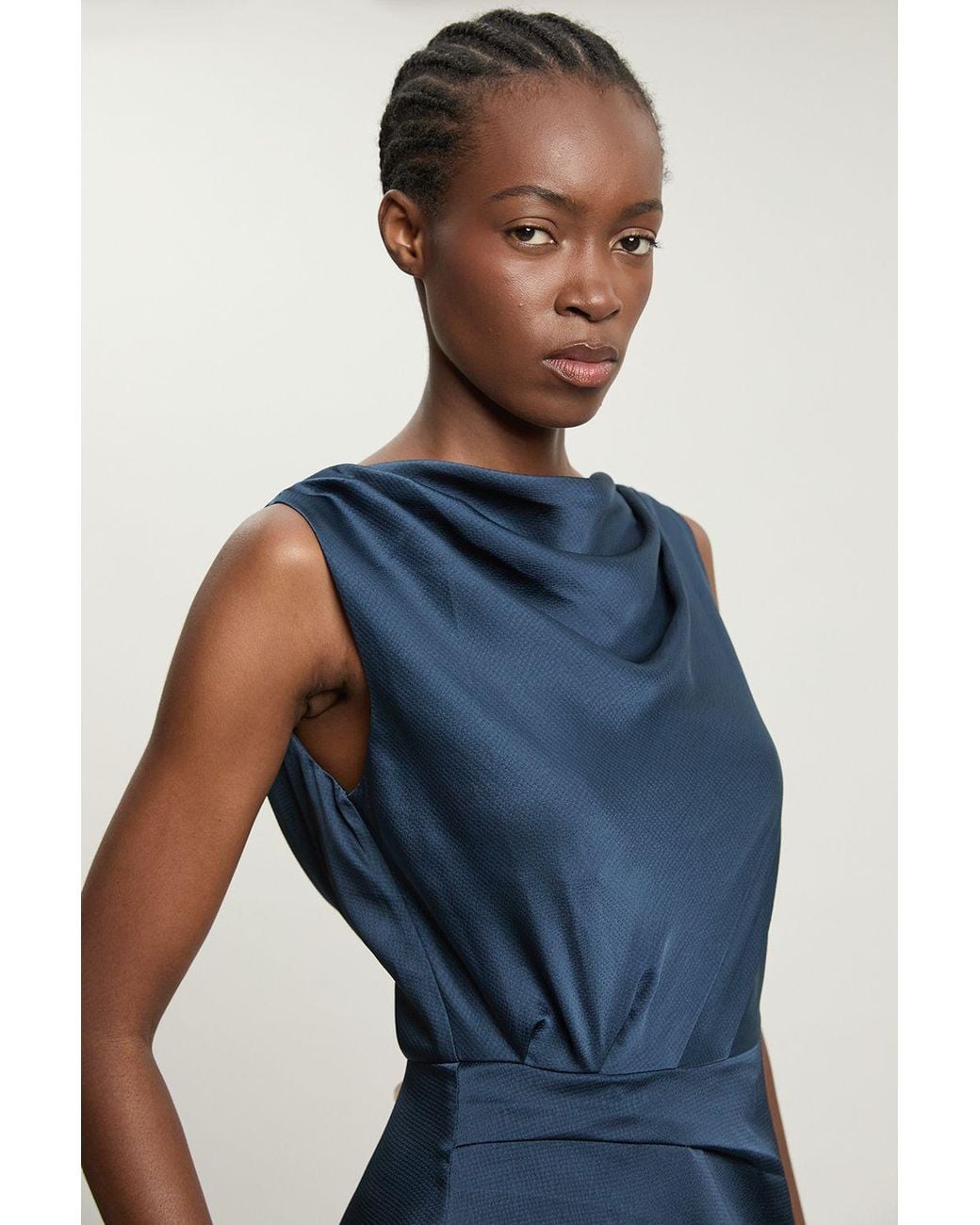 Karen Millen Blue Textured Satin Ruffle Detail Sleeveless Midi Dress