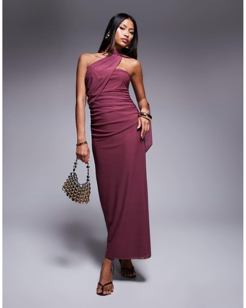 ASOS Purple Bandeau Mesh Maxi Dress With Scarf Detail