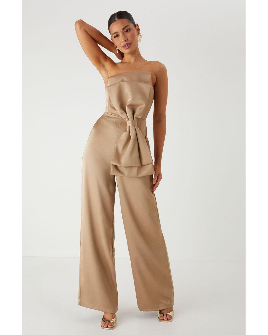 MissPap Natural Satin Bow Wide Leg Bandeau Jumpsuit
