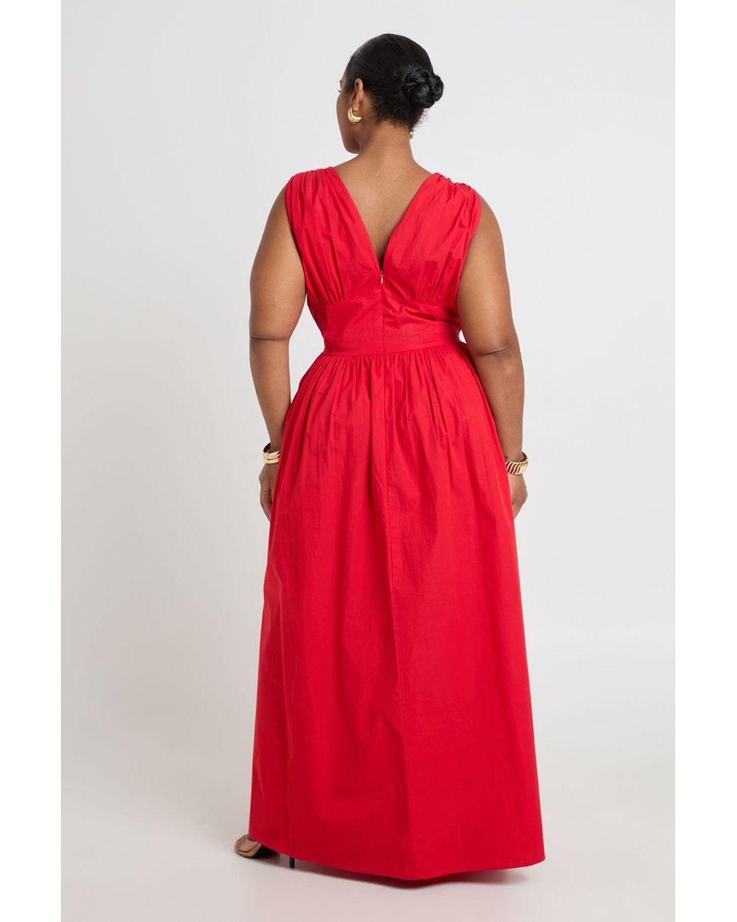 Boohoo Red Plus Cotton Poplin Deep V Cinched Waist Detail Maxi Dress