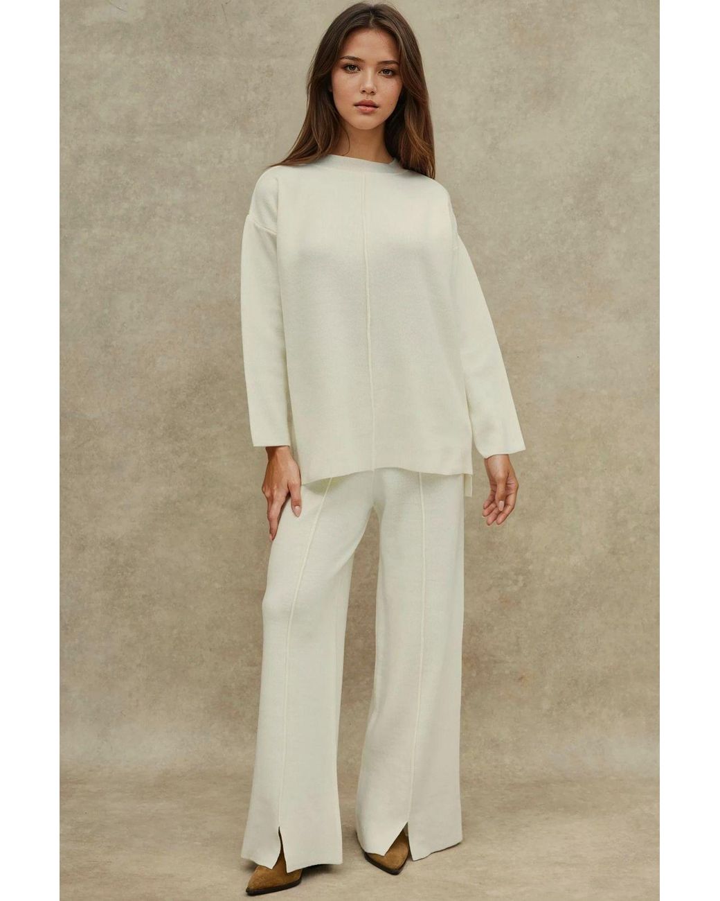 Hiccup Natural Long Sweater & High Waist Wide Leg Knit Co-Ord Set