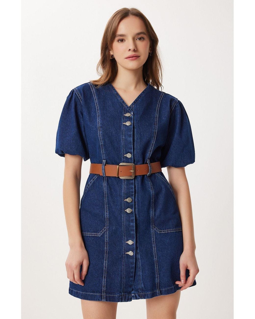 Happiness İstanbul Blue Denim V-Neck Mini Dress With Belt