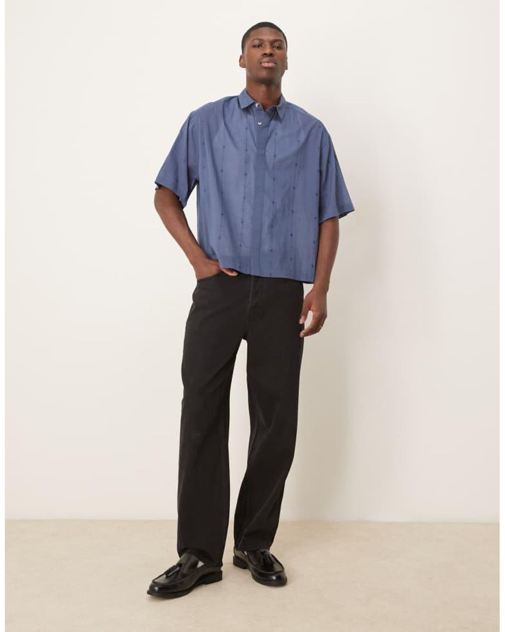 ASOS Blue Boxy Oversized Shirt With Embroidery for men