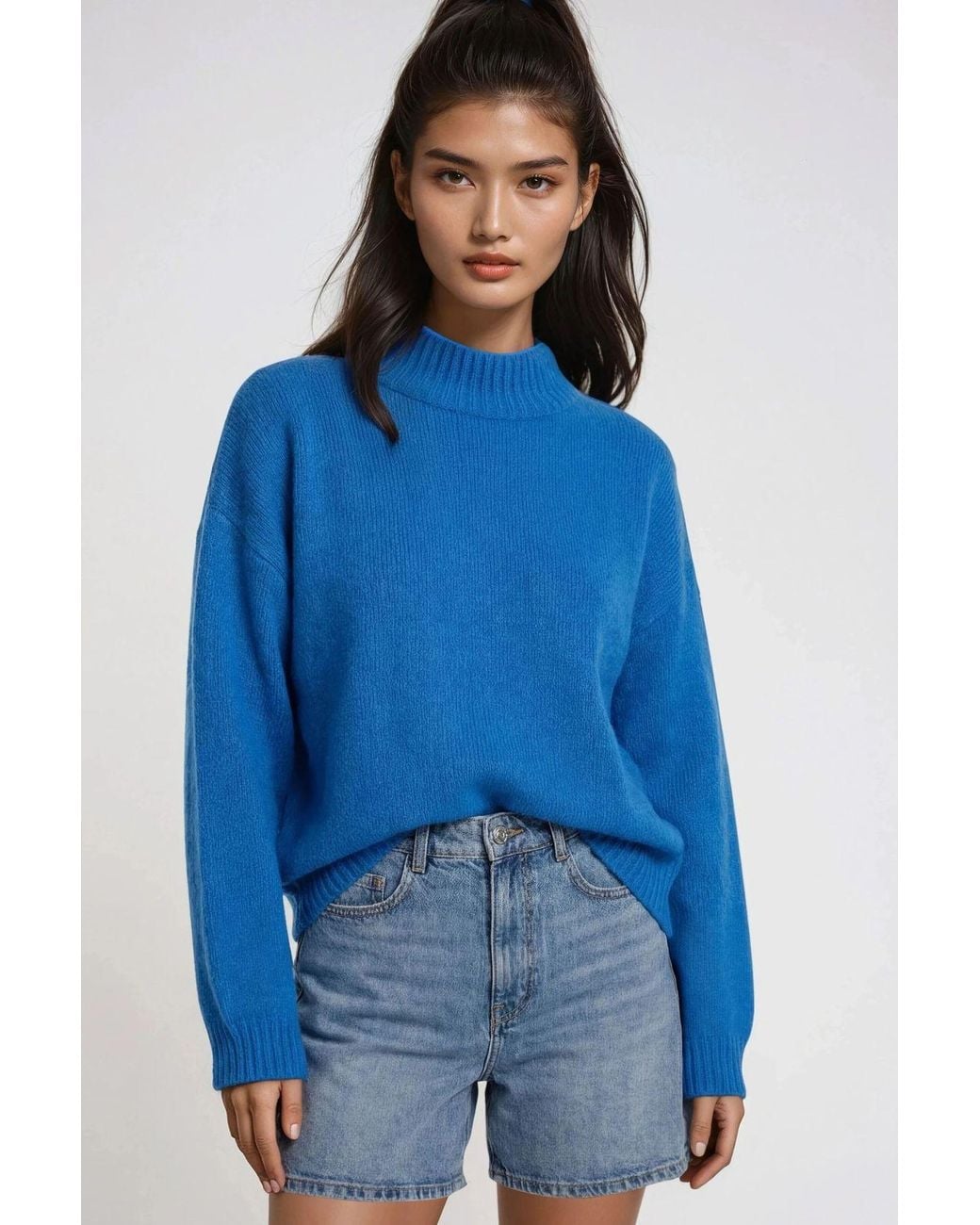 MixRay Blue Relaxed Fit Crew Neck Thick Knit Sweater