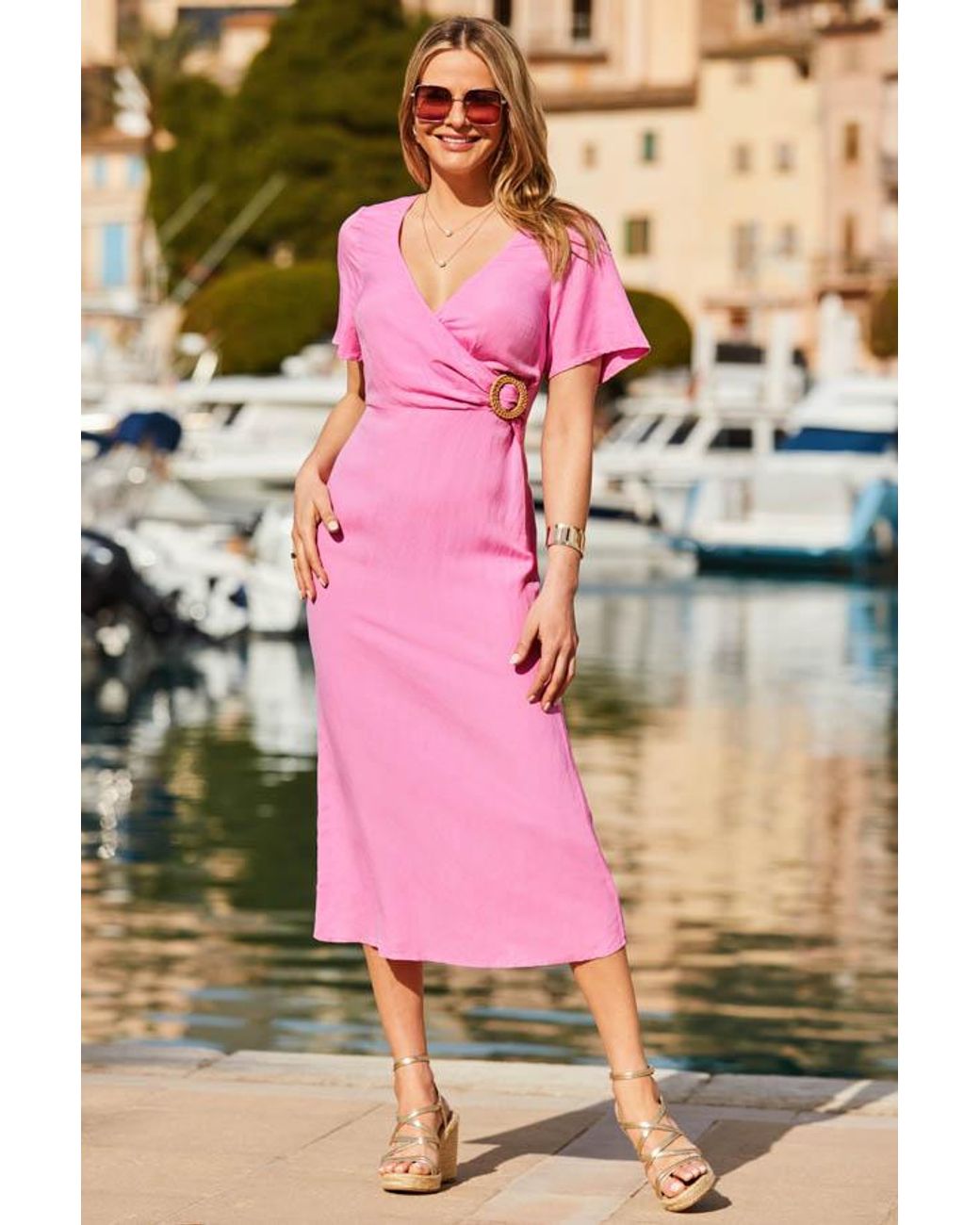 Sosandar Black Rosé Linen Blend Wrap Front Dress