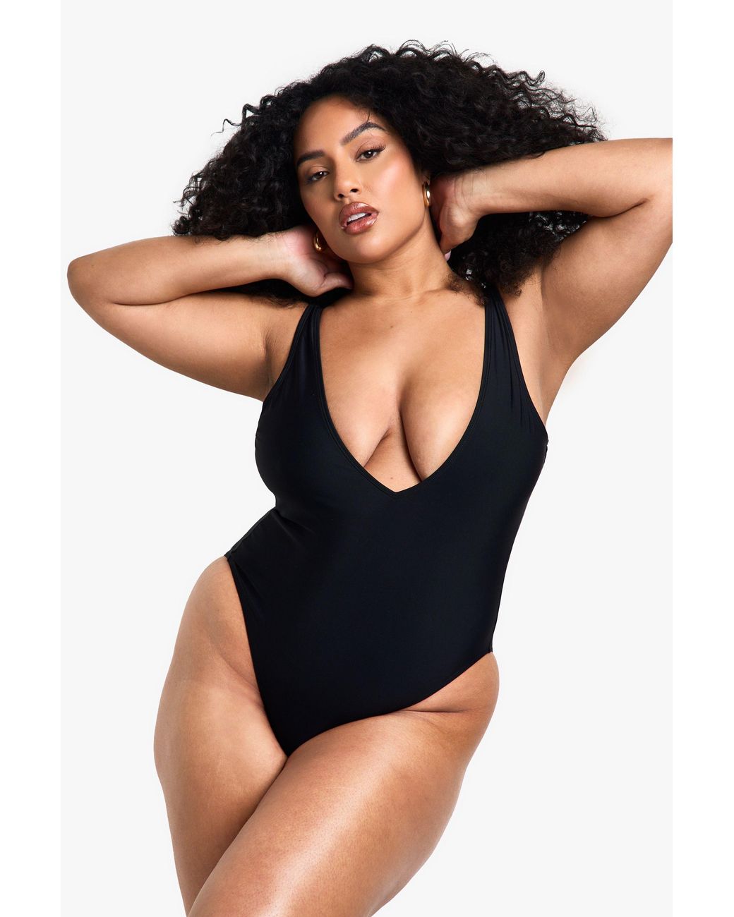 Boohoo Black Plus Swimwear Essentials Plunge Tummy Control Bathing Suit