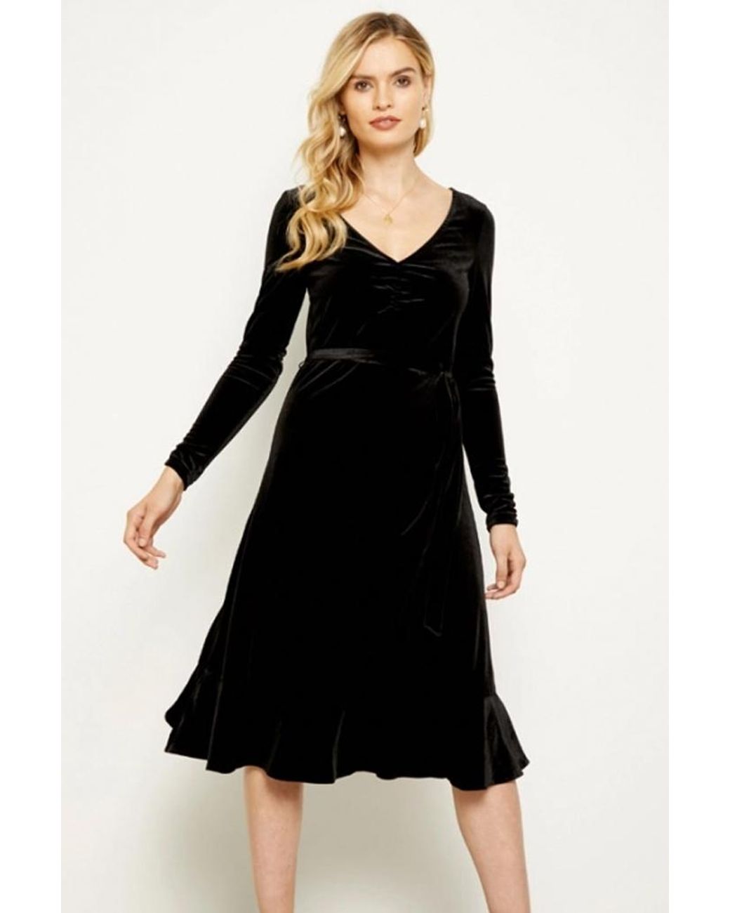 Sosandar Black Velvet Ruffle Hem V Neck Dress