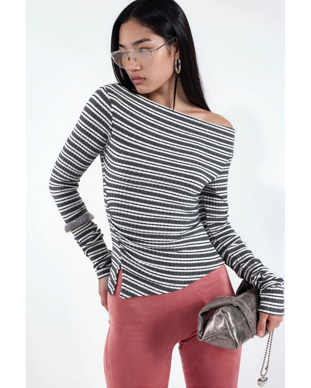 Busem Gray Striped Ribbed Boat Neck Top