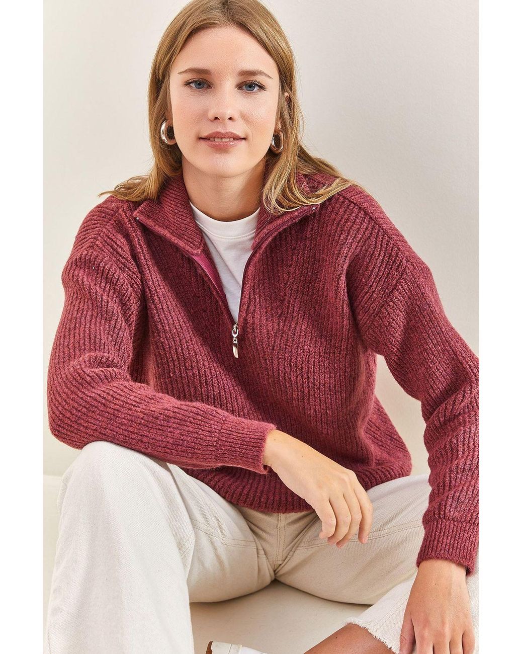 Bianco Lucci Oversized Textured Knit Sweater With Zipper Collar