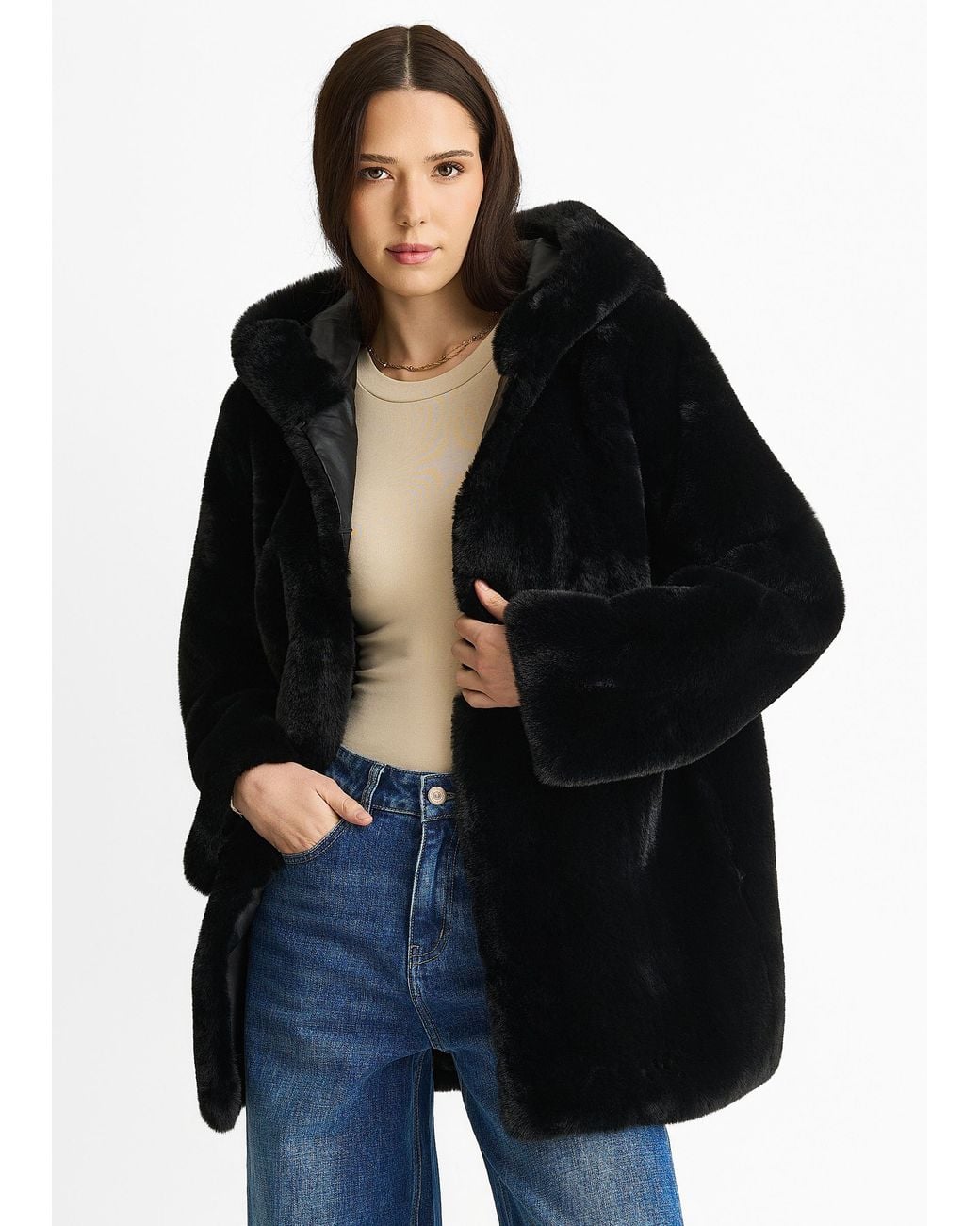 Gini London Black Hooded Faux Fur Jacket