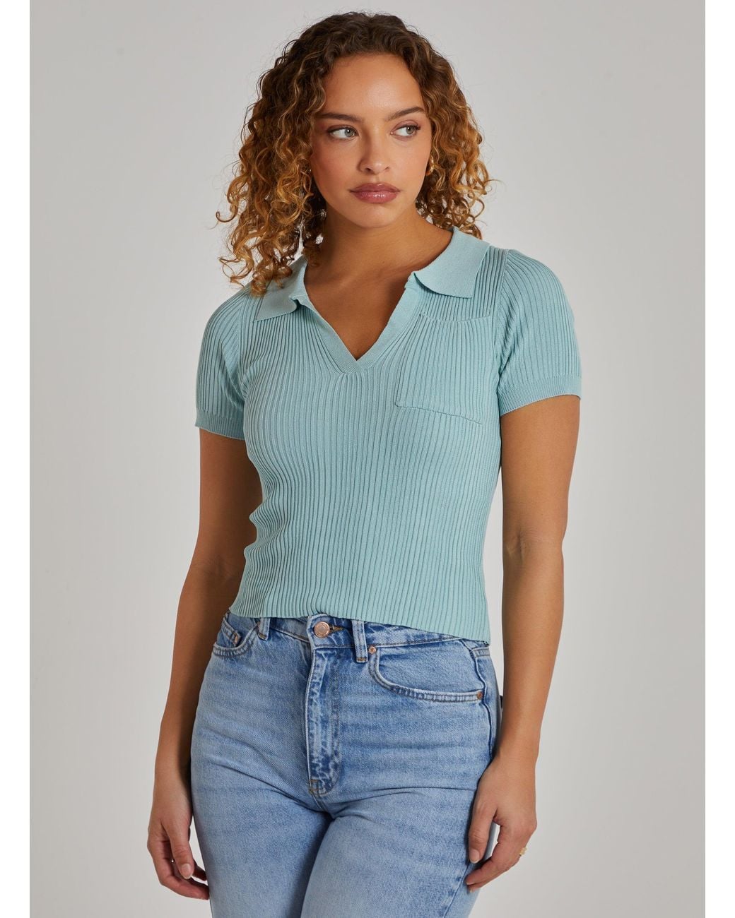 Pink Vanilla Blue Knitted Rib Polo Top