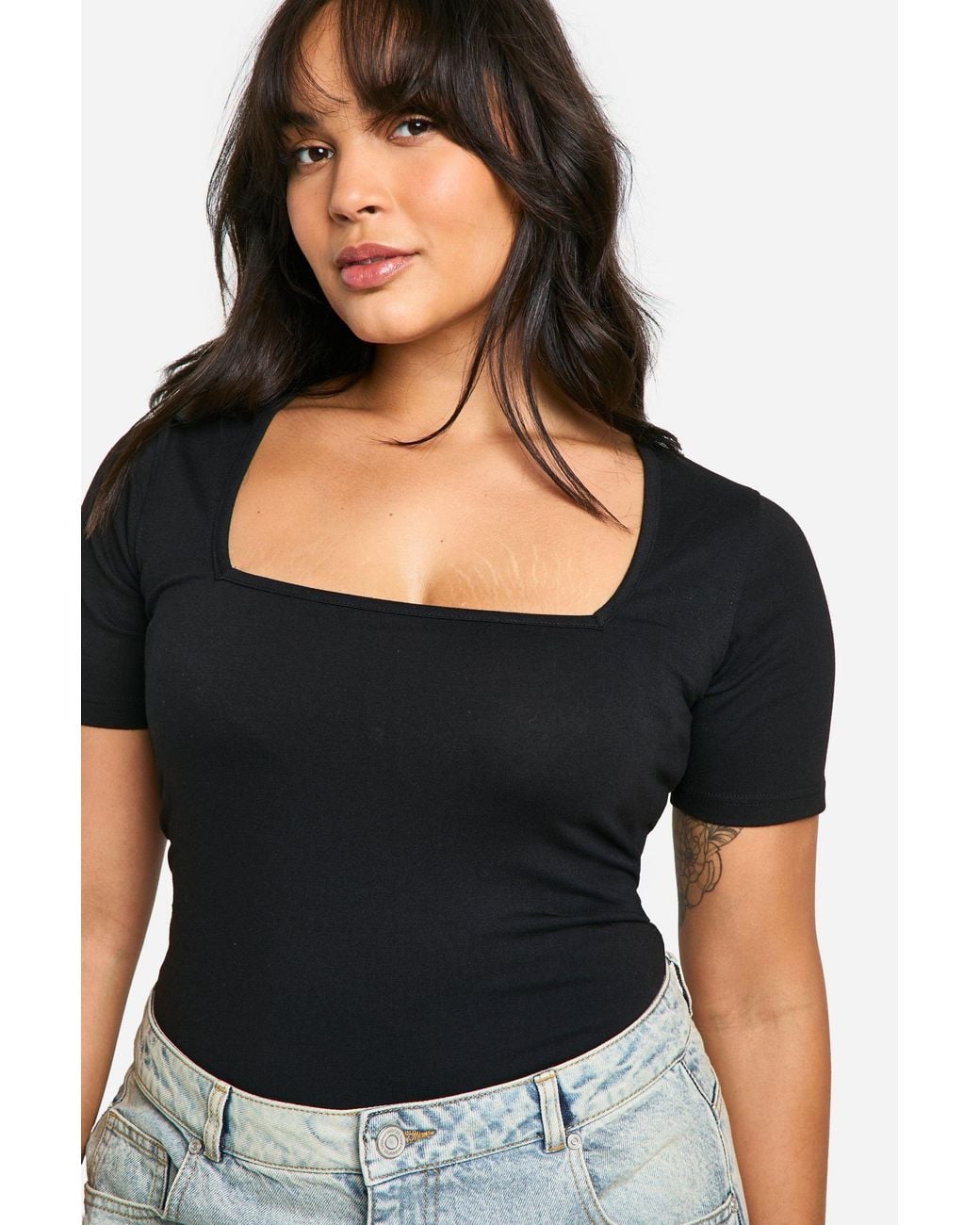 Boohoo Black Basics Plus Cotton Square Neck Short Sleeve Bodysuit