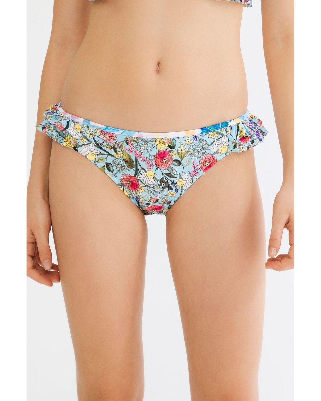Penti Blue Floral Mid-Waist Bikini Bottoms With Ruffle