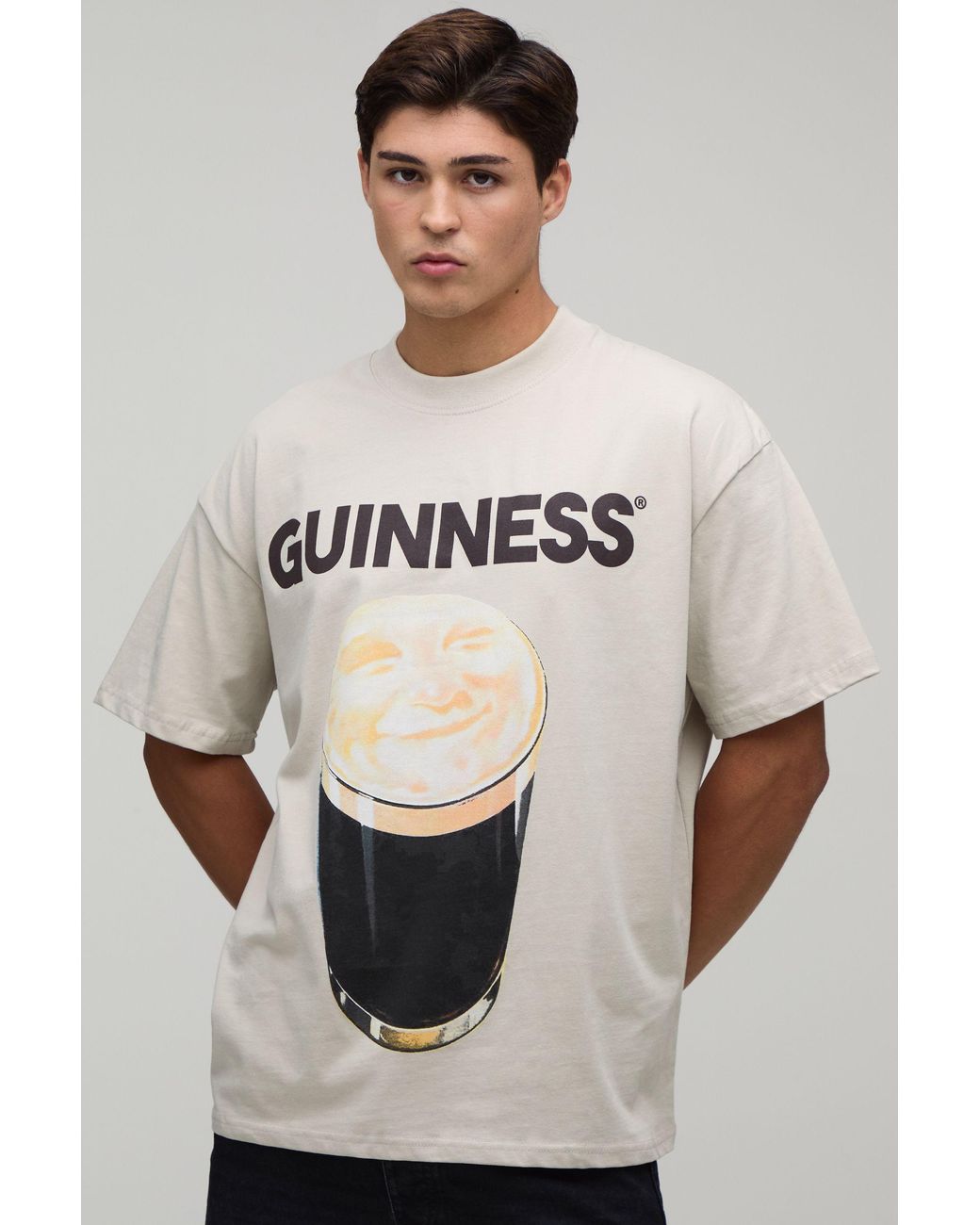 BoohooMAN Natural Oversized Guiness Pint License Print T-Shirt for men