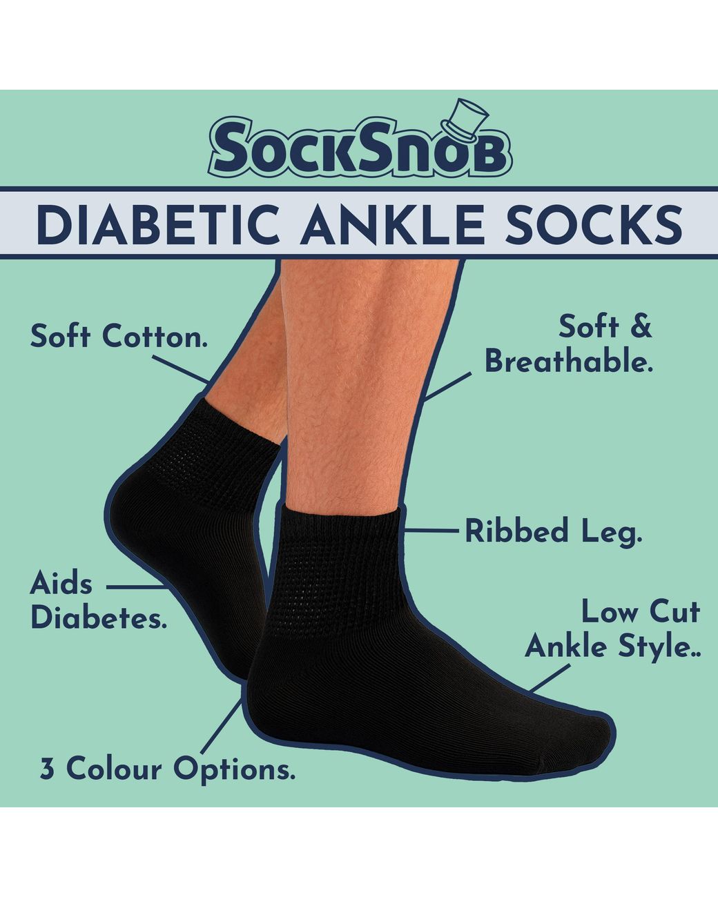 Sock Snob Green 6 Pack Ankle Diabetic Socks Cotton Rich Breathable Everyday for men