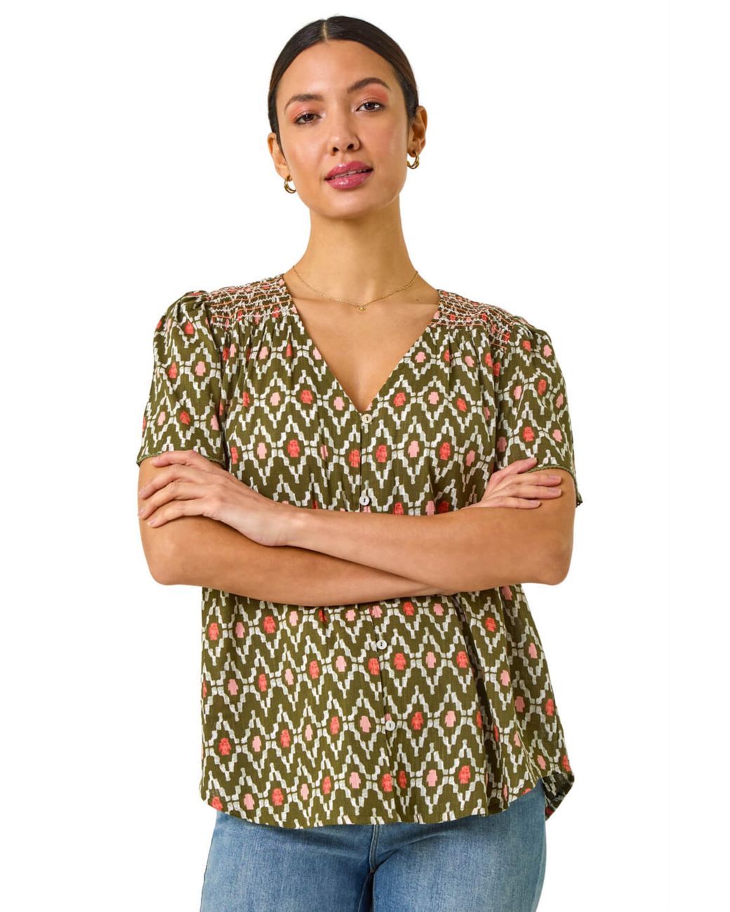 Roman Gray Printed Shirred Shoulder Blouse