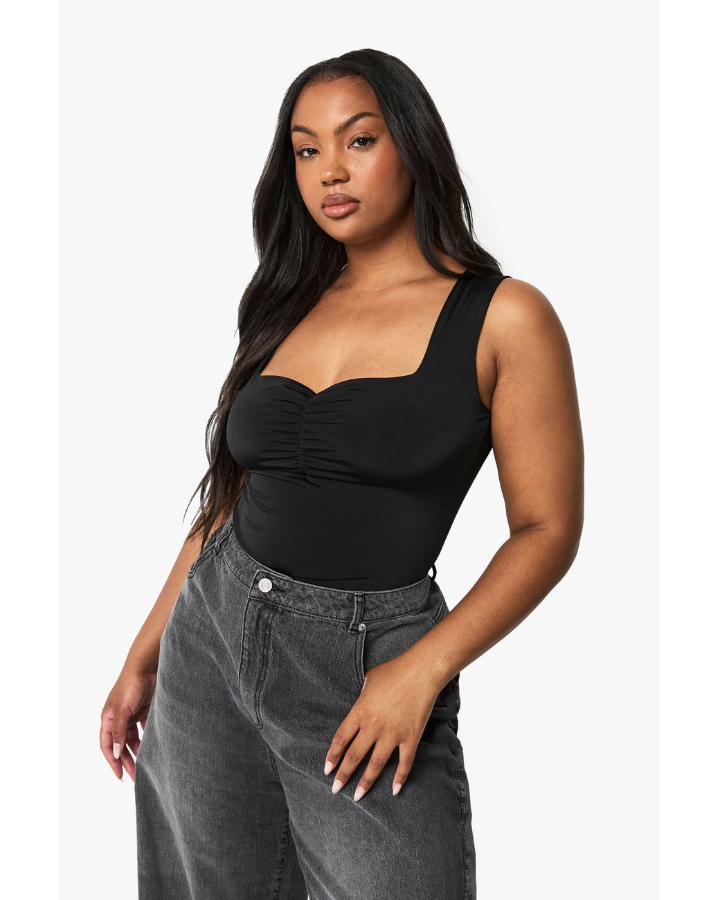 Boohoo Black Plus Double Layer Ruched Front One Piece