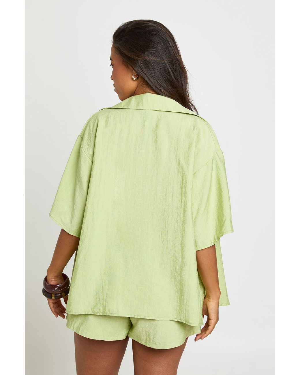 Boohoo Green Linen Look Short Sleeve Beach Shirt
