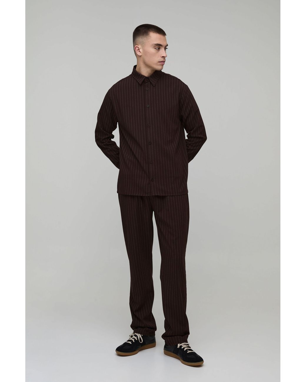 BoohooMAN Blue Pinstripe Regular Shirt & Straight Leg Trouser Set for men