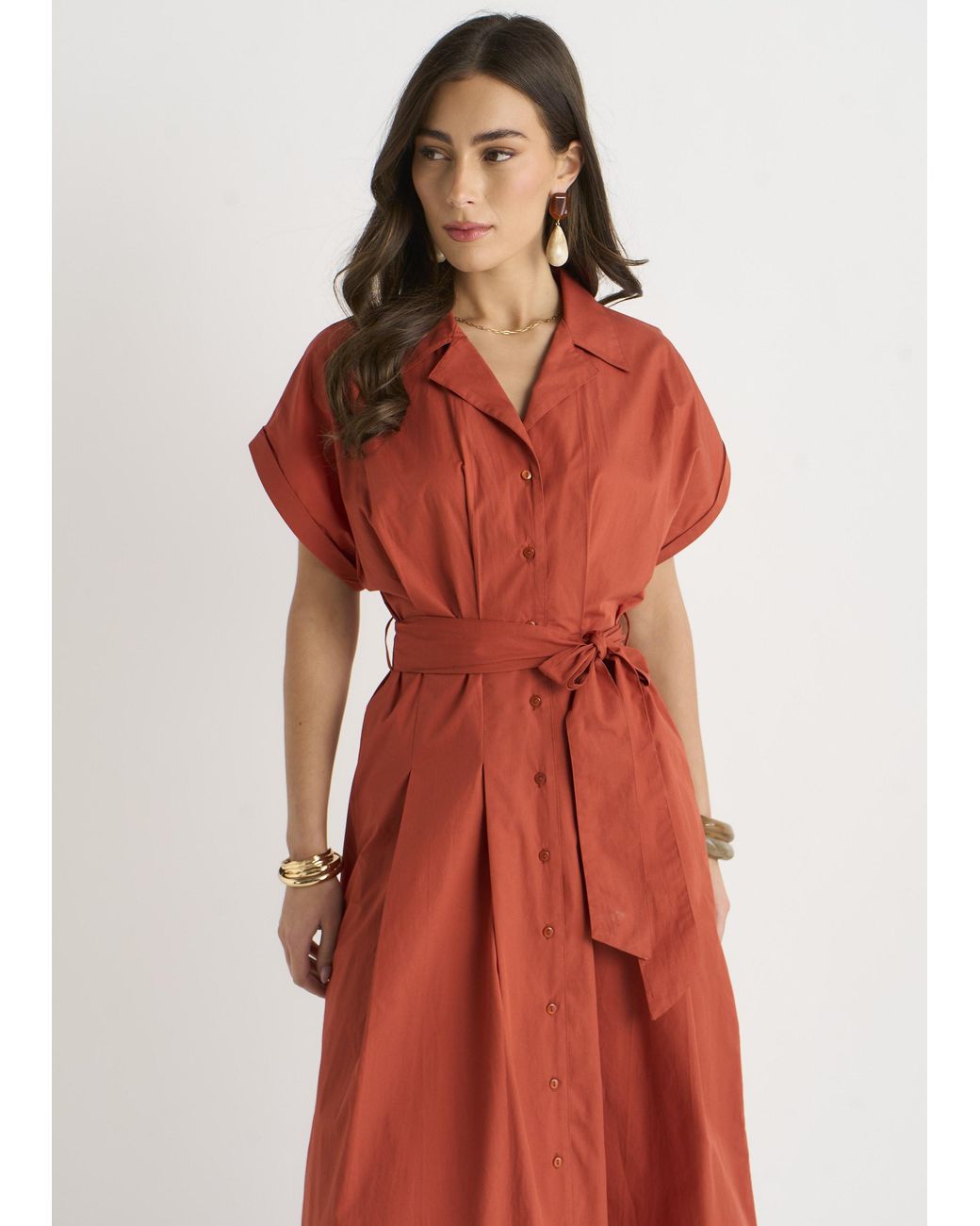 Gini London Red Cotton Button Through Belted Shirt Dress