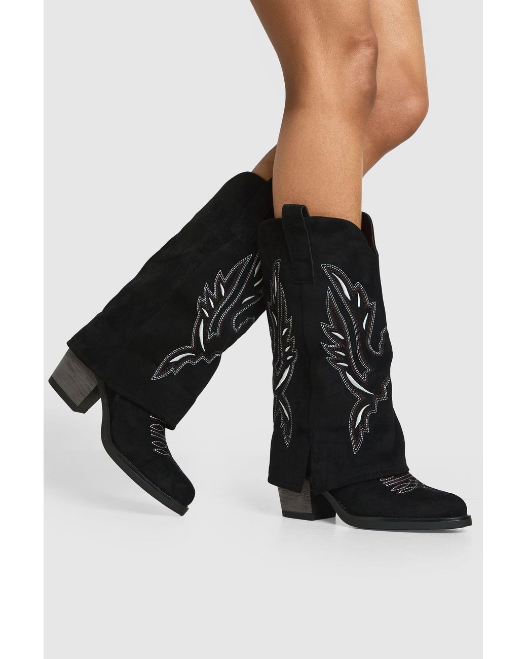 Boohoo Black Faux Suede Fold Over Contrast Embroidery Western Boots