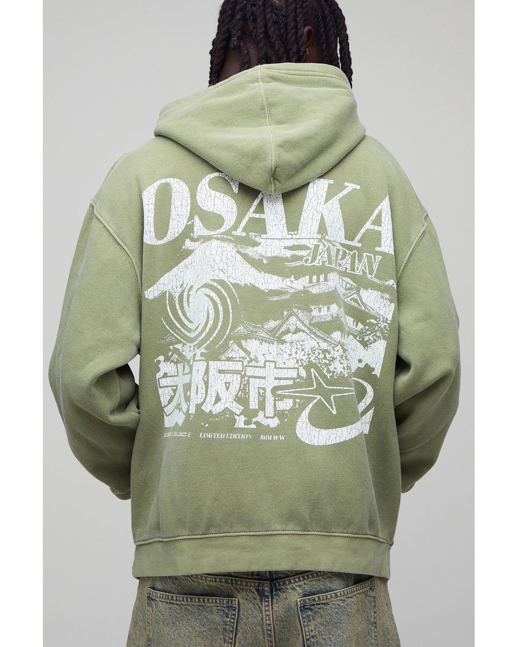 BoohooMAN Green Oversized Washed Osaka Printed Hoodie for men