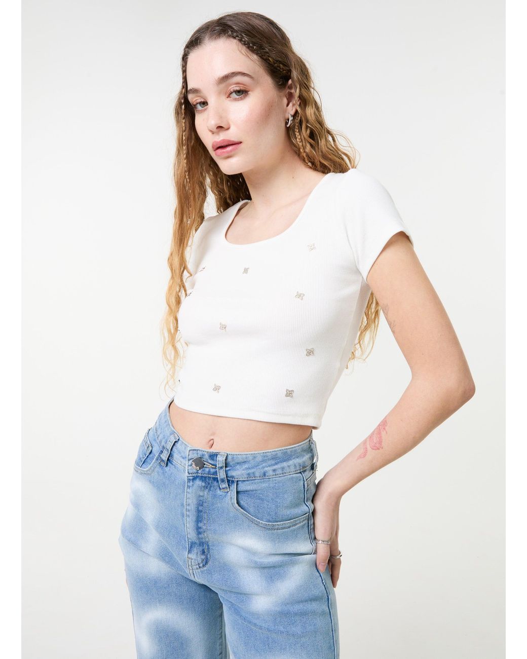 Pink Vanilla White Embellished Wash Rib Top